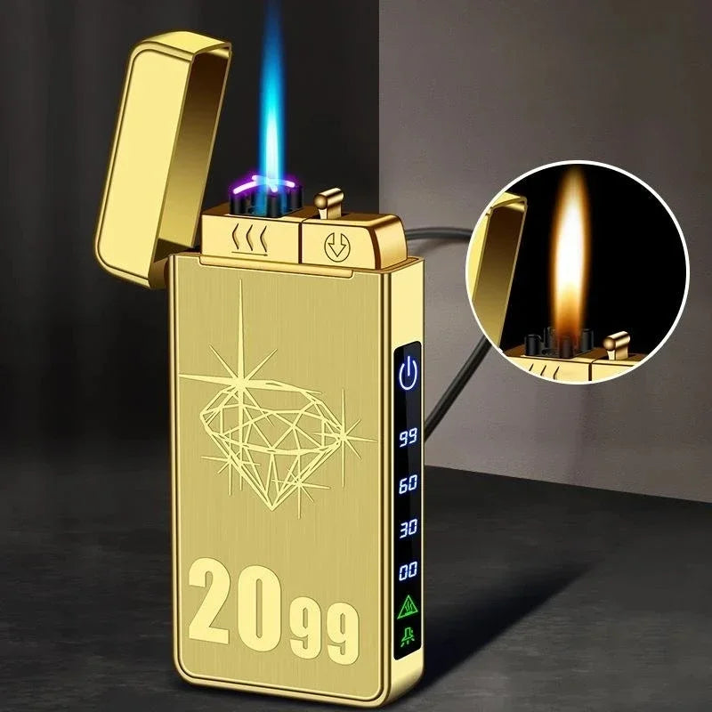 New Triple Flame Electric Pulse Plasma Dual Arc USB Lighter Metal Gas and Electric Lighter LED Screen Display