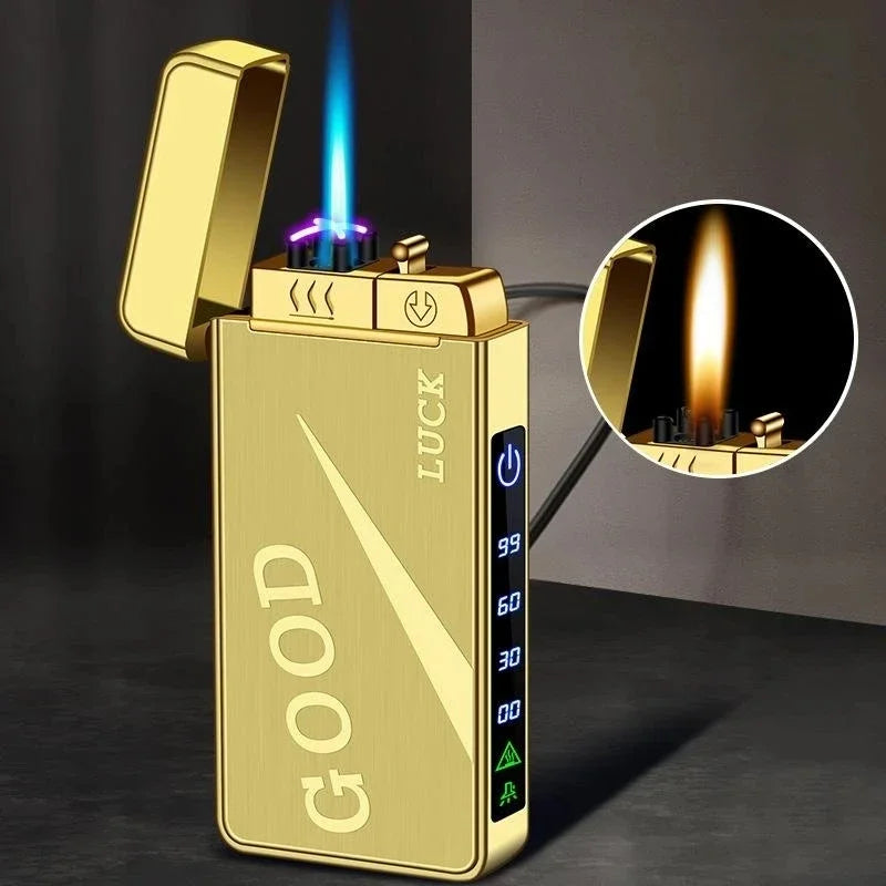 New Triple Flame Electric Pulse Plasma Dual Arc USB Lighter Metal Gas and Electric Lighter LED Screen Display