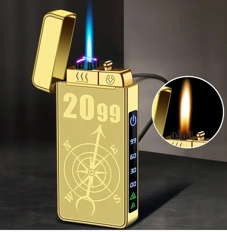 New Triple Flame Electric Pulse Plasma Dual Arc USB Lighter Metal Gas and Electric Lighter LED Screen Display