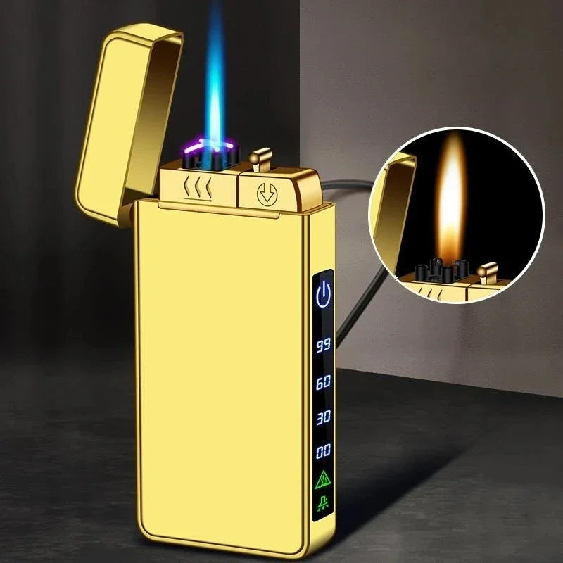 New Triple Flame Electric Pulse Plasma Dual Arc USB Lighter Metal Gas and Electric Lighter LED Screen Display