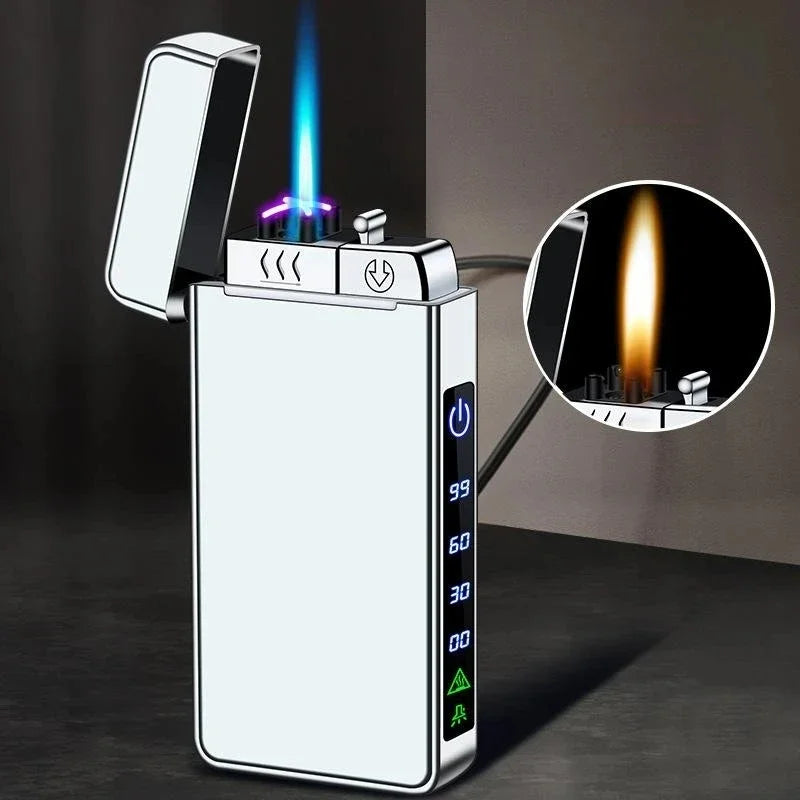 New Triple Flame Electric Pulse Plasma Dual Arc USB Lighter Metal Gas and Electric Lighter LED Screen Display
